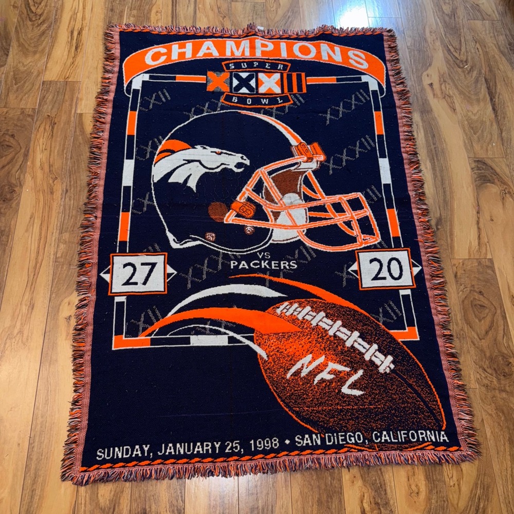 Denver Broncos Throw Blanket Men OS Navy Super Bowl XXXII Champions 98 Vintage